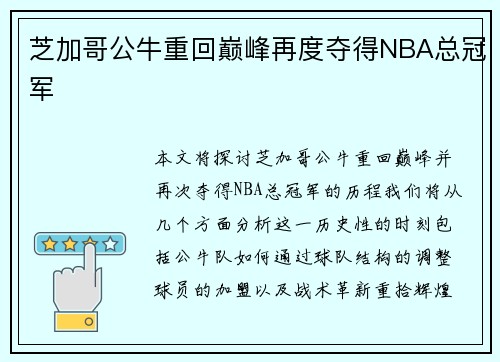 芝加哥公牛重回巅峰再度夺得NBA总冠军