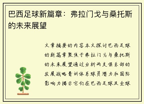 巴西足球新篇章：弗拉门戈与桑托斯的未来展望